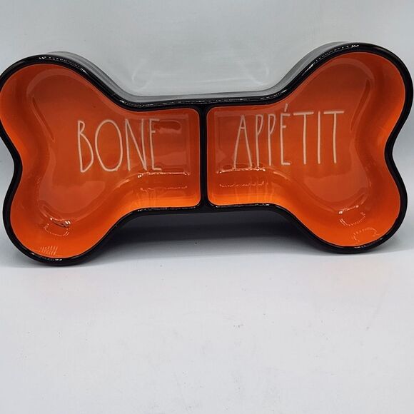 Rae Dunn BONE APPETIT black and orange bone shape Halloween dog dish - Picture 2 of 4